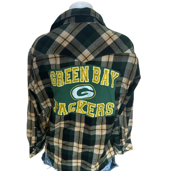 Green Bay Packers Flannel Plaid Shirt MEDIUM Oversized Unique Green Western Snap - Picture 1 of 7